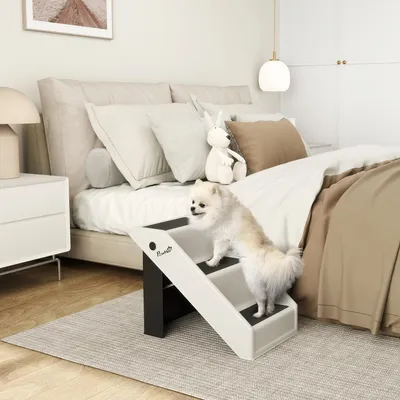 Image de Escalier pliable pour chien à 3 marches, escalier pour petits chiens, en plastique EVA, blanc crème | 53 x 30,5 x 36,5 cm | jusqu'à 30 kg | antidérapant