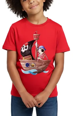 Produktbild von Spreadshirt Kleiner Pirat Mit Seinem Schiff Kinder T-Shirt, 122/128 (7-8 Jahre), Rot