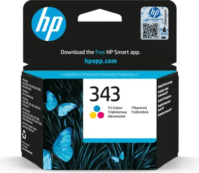 The image shows the packaging of an HP 343 Tri-Colour ink cartridge.