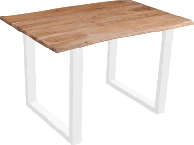 Produktbild von Esszimmertisch 140x80 cm Quinn, echte Baumkante, eichefarben, massiver Esstisch aus Akazienholz, Metallbeine Weiß, Baumkantentisch
