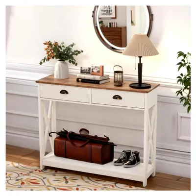 Produktbild von Beistelltisch mit Schubladen, Holz Beistelltisch mit Stauraum, Schmaler Couchtisch für Wohnzimmer, Schlafzimmer, Büro, 100 x 30 x 80 cm