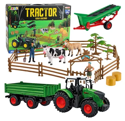 Image de Set agricole : tracteur avec remorque, animaux et fermier
