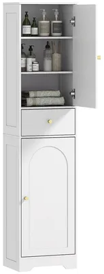 Image de Armoire de salle de bain - Armoire haute - Avec tiroir et portes d'armoire - Étagères réglables - Structure en bois - Blanc