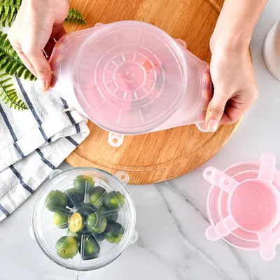 Image de Lot de 6 couvercles réutilisables et extensibles en silicone pour conserver les aliments et les fruits dans des bols, rose