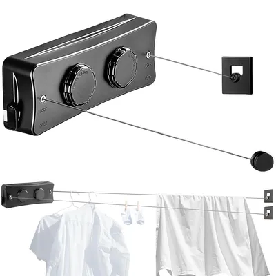 Produktbild von Wäschespinne Wäscheleine Wäschetrockner - Einziehbar - 2 x 5,1 m - Edelstahl - Schwarz - Für Innen und Außen