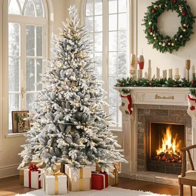 Produktbild von Künstlicher Weihnachtsbaum Schneetanne 210 cm mit 320 Warmweiße LED,1287 Spitzen,PE+PVC, stabiler Metallfuß, 62 Zweige,Tannenbaum, Christbaum