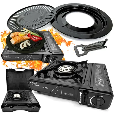 Produktbild von Gaskocher - Tragbarer Campingkocher - Schwarz - für Kartusche - mit Transportkoffer und Grillaufsatz