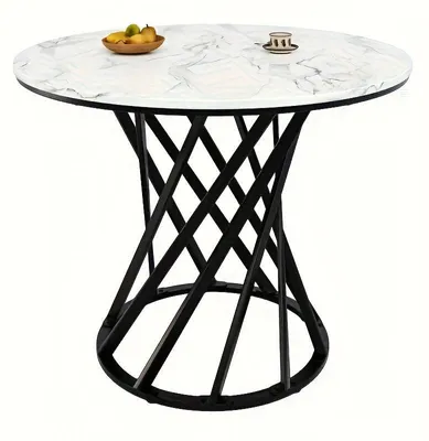 Image de Table Eettafel – Table de cuisine ronde pour 4 personnes, imitation marbre et pieds en métal noir