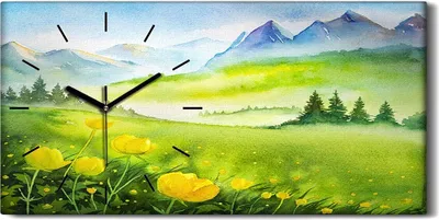 Produktbild von Küchenuhr Bürouhr Leinwand Uhr Quarz 60x30 Blume Bäume Wiesen Berge Landschafts - schwarze Hände