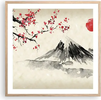Produktbild von Gerahmtes Poster - Rahmen in heller Eiche - Aquarell asiatisch Landschaft - 60x60 cm - Wand Bild - Wanddeko - Wandbilder - Kunstposter - Wandposter - Bilderrahmen - Bilder - P2NAC60x60-4513