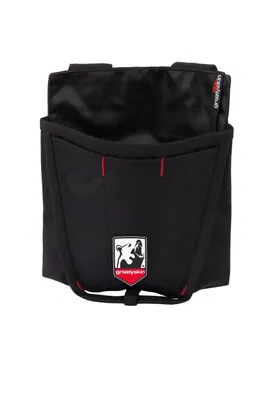 A black work bag with a logo on the front.