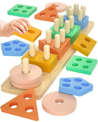 Productafbeelding van Houten Montessori speelgoed, geschikt voor kinderen vanaf 1, 2 en 3 jaar. Kinderspeelgoed, steekspel, vanaf 2 jaar, in macaronkleuren