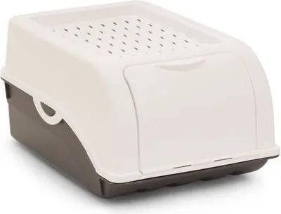 A closed litter box with a top entrance and a hinged door on the front.