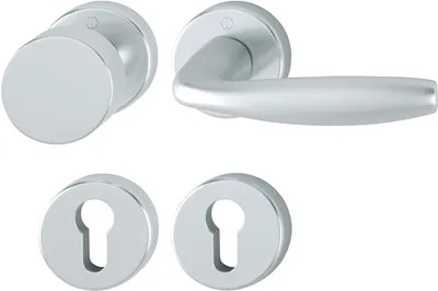 A set of door hardware, including a door knob, a door handle, and two keyhole escutcheons, displayed against a white background.