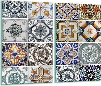 A collage of various decorative tiles with intricate patterns.