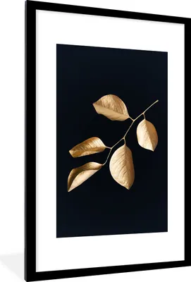 Produktbild von MuchoWow® Gerahmtes Poster Blätter - Zweig - Gold - Luxus 60x90 cm - Poster mit Schwarzem Bilderrahmen Wandposter Rahmen Foto Bilder - Dekoration - Wandposter Wohnzimmer - Hochwertig