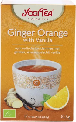 A box of Yogi Tea Ginger Orange with Vanilla tea.