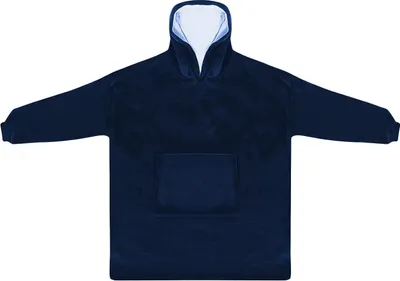 A dark blue hooded blanket with sleeves, laid flat against a white background.