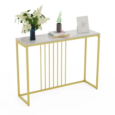Obrázek produktu pro FATIVO Konzolový stolek z bílého mramoru 100 × 30 × 79 cm, úzký zlatý stolek do předsíně, skandinávský moderní vstupní stolek do chodby
