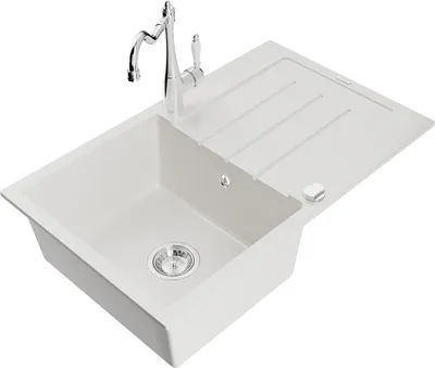 Produktbild von Mexen Bruno 1 Becken-Granitspüle mit Abtropffläche und Mischbatterie Carla, Weiß - 6513-20-670700-00