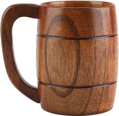 Zdjęcie produktu dla Uniqoos® Drewniany kufelek na piwo z uchwytem, naturalny – 350 ml, kubek wykonany z drewna, bezpieczny dla kontaktu z żywnością, idealny na  , do domu i do biura