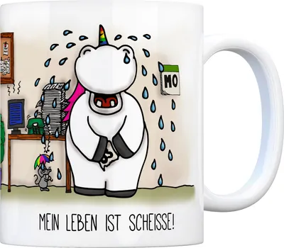 Produktbild von Honeycorns Kaffeebecher mit Einhorn Motiv und Spruch: Mein Leben ist scheisse!