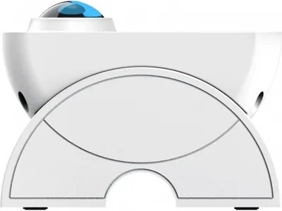 A side view of a white projector with a blue dome on top, resting on a white stand.