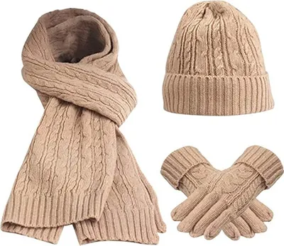 Produktbild von Damen Schal Mütze Handschuhe Set Warme Winterset Gestrickt Beanie Schnee Hut