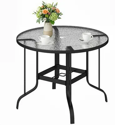Produktbild von Runder Gartentisch mit Schirmloch, Metall und Sicherheitsglas, ? 96,5 x 71 cm, Schwarz