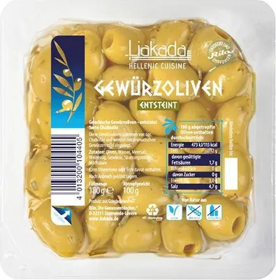 Produktbild von Liakada Grüne Gewürzoliven entsteint 100 G Klarsichtpackung Vegan Glutenfrei  Fruchtig, leicht bitter, würzige Note