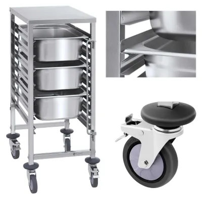 Obrázek produktu pro Expondo Royal Catering vozík na podnosy – nerezová ocel – pro 7 x GN 1/1 – podélný zásuvný systém – 90 kg – 2 bezpečnostní tyče –