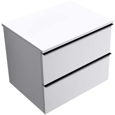 Obrázok produktu pre CERANO – Kúpeľňová skrinka Velora – biela matná, úchytka čierna + doska z liateho mramoru Elanys – 12 mm – biela matná – 70 × 54,2 × 46,5 cm
