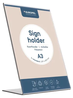 Produktbild von EUROPEL Tischaufsteller L-Ständer A3 Hochformat – Acryl glasklar, schräge Sicht,