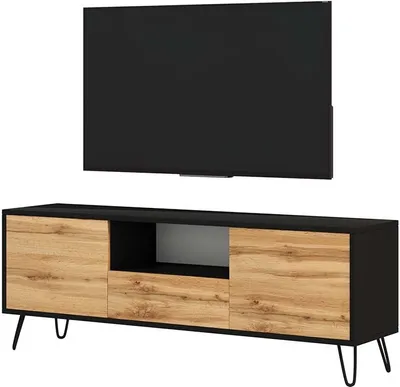 Obrázek produktu pro Selsey TV lowboard PLOYSTEA - TV skříňka v černé barvě / dub Wotan s otevřenou přihrádkou a 3 uzavřenými přihrádkami, moderní, šířka 137 cm