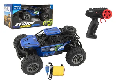 Image de Voiture RC buggy tout terrain bleu 22cm plastique 2,4GHz batterie + pack rechargeable dans boîte 32x16x18cm