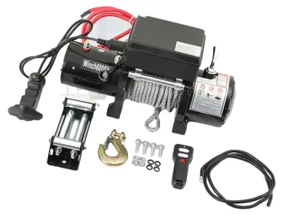 Imagen del producto de Cabrestantes eléctricos, con una capacidad de elevación de 2721 kg, motor de 1,6 kW, caja de cambios de 3 velocidades, control remoto inalámbrico y cuerda sintética