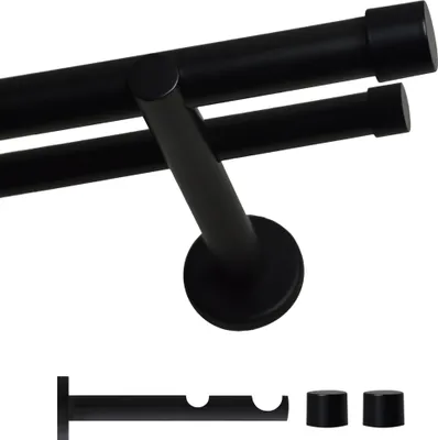 A black double curtain rod with mounting hardware shown against a white background.