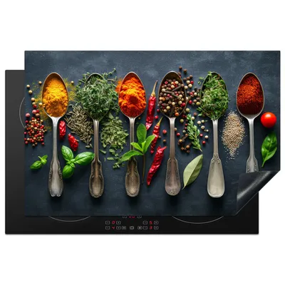 Produktbild von KitchenYeah© Herdabdeckplatte Gewürze - Löffel - Kräuter , 81x52cm, Küche Deko, Glaskeramikkochfeld Herdabdeckung, Abdeckplatte fùr Kochfeld