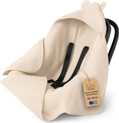 Produktbild von Musselin Einschlagdecke Babyschale Sommer 85x85 cm mit Kapuze Hellbeige