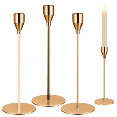 Productafbeelding van Set van 3 kaarsenstandaarden - Metalen kaarsenstandaarden in vintage stijl - Tafeldecoratie - Goud, 24 cm