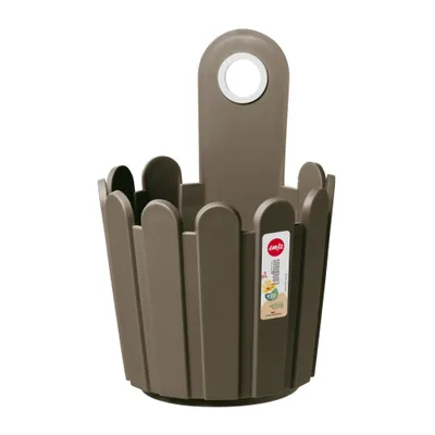 A brown plastic planter pot with a fence-like design and a handle for hanging.