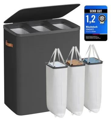 Produktbild von Wäschekorb 190 Liter mit 3 Fächern | Tintenschwarz | 40x64x75cm