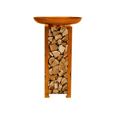 A fire pit with a wood-filled base on a white background.
