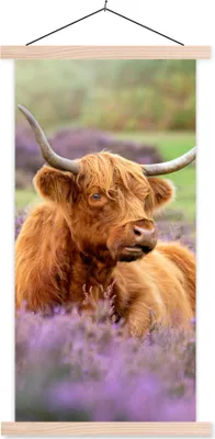 Produktbild von MuchoWow® Textilposter Schottisches Hochlandrind - Blumen - Licht 60x120 cm mit holzfarbenen Rahmen - Holz
