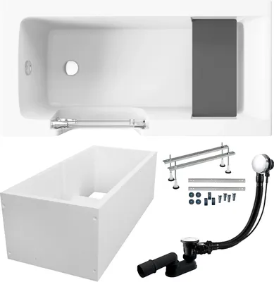 A collage of images showing a bathtub and its components, including a drain assembly and support structure.