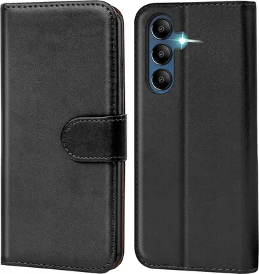 A black flip case for a smartphone is shown from two angles.
