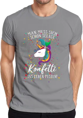 Produktbild von Man muss sich schon selbst Konfetti ins Leben pusten Einhorn Herren T-Shirt, Grau, XXL