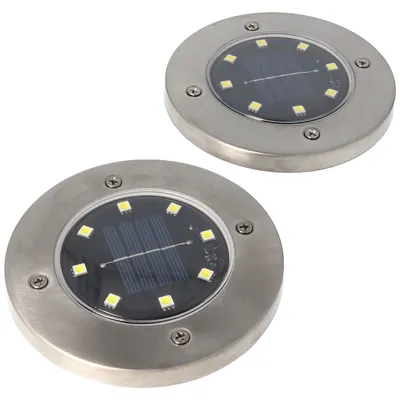 Zdjęcie produktu dla Zestaw 2 solarnych punktowych lamp podłogowych LED, stal nierdzewna, wodoodporne IP44, w zestawie bateria NiMH AA 2,3 V 400 mAh