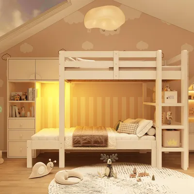 Produktbild von MODFU Etagenbett ohne Matratze 90x200cm Jugendbett mit Schubladen,Bettgestell mit Schrank und Regal,Holzbett mit intelligentem Nachtlicht,versetztes Design,Weiß