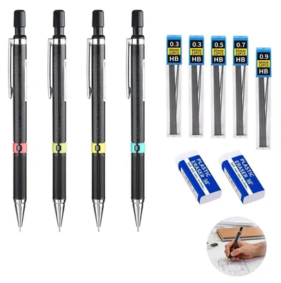 Zdjęcie produktu dla Zestaw ołówków do pisania i rysowania, 4 sztuki, z różnymi grubościami grafitu: 0,3 mm, 0,5 mm, 0,7 mm, 0,9 mm, w zestawie gumka do ścierania